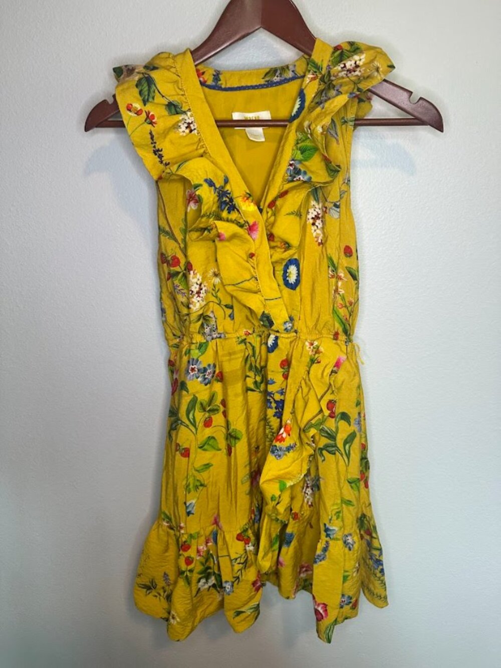 Maeve Anthropologie Yellow Strawberry Floral Faux Wrap Ruffle Mini Dress - XS